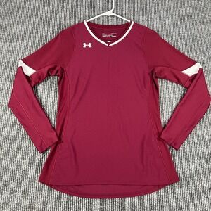 Under Armour Shirt Womens Medium Red Long Sleeve Fitted Heat Gear V Neck Active